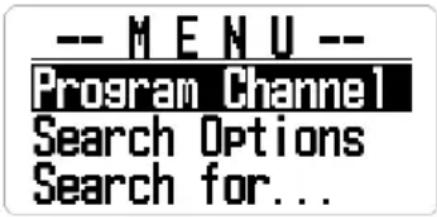 -- MENU -- Program Channel Search Options Search for...
