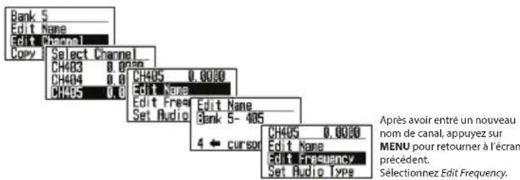 Bank 5 Edit Name Edit Channel Copy | Select Channel CH403 0.0000 CH404 0.0000 CH405 0.0000 Edit Name Edit Freq Set Audio Edit Name Bank 5-405 4 ← cursor CH405 0.0000 Edit Name Edit Frequency Set Audio Type Après avoir entré un nouveau nom de canal, appuyez sur MENU pour retourner à l'écran précédent. Sélectionnez Edit Frequency.
