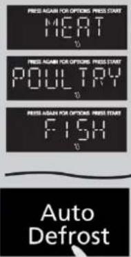 PRESS AGAIN FOR OPTIONS PRESS START HEAT PRESS AGAIN FOR OPTIONS PRESS START POULTRY PRESS AGAIN FOR OPTIONS PRESS START FISH Auto Defrost