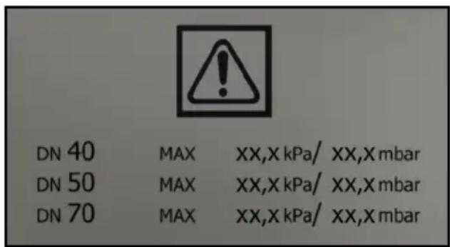 DN 40 MAX XX,X kPa/ XX,X mbar DN 50 MAX XX,X kPa/ XX,X mbar DN 70 MAX XX,X kPa/ XX,X mbar