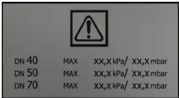 DN 40 MAX XX,X kPa/ XX,X mbar DN 50 MAX XX,X kPa/ XX,X mbar DN 70 MAX XX,X kPa/ XX,X mbar