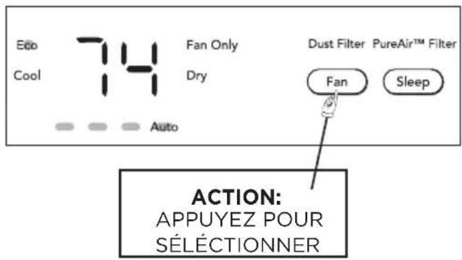 Ebo Cool 74 Fan Only Dry Auto Dust Filter PureAir™ Filter Fan Sleep ACTION: APPUYEZ POUR SÉLÉCTIONNER