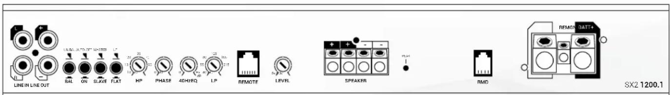 LINE IN LINE OUT BAL ON SLAVE FLAT HP PHASE 4DH/REQ LP REMOTE LEVEL SPEAKER RMD REMON BATT+ SX2 1200.1