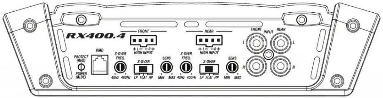 RX400.4 PROTECT (RED) POWER (BLUE) RMD FRONT + L - R + HIGH INPUT X-OVER 40Hz 400Hz LP FLAT HP SENS MIN MAX 40Hz 400Hz REAR + L - R + HIGH INPUT X-OVER LP FLAT HP SENS MIN MAX L FRONT INPUT REAR R POWER (BLUE)
