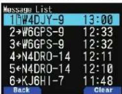 Message List 1W4DJY-9 13:00 2→W6GPS-9 12:33 3←W6GPS-9 12:32 4→N4DRO-14 12:11 5←N4DRO-14 12:10 6→KJ6HI-7 11:48 Back Clear