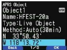 APRS Object Object1 Name:HFEST-20a Type:Live Object Method:Auto (30min) N 33°50.43' W 118°13.72' Back 1/2 OK
