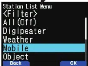 Station List Menu All (Off) Digipeater Weather Mobile Object Back OK