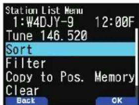 Station List Menu 1:W4DJY-9 12:00F Tune 146.520 Sort Filter Copy to Pos. Memory Clear Back OK