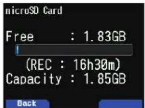 microSD Card Free : 1.83GB (REC : 16h30m) Capacity : 1.85GB Back