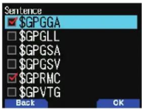 Sentence ☑ $GP GGA ☐ $GPGLL ☐ $GP GSA ☐ $GP GSV ☑ $GPRMC ☐ $GP VTG Back OK