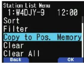 Station List Menu 1:W4DJY-9 12:00 Sort Filter Copy to Pos. Memory Clear Clear All Back OK