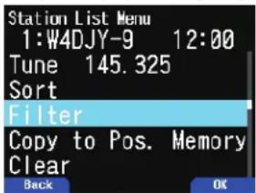 Station List Menu 1:W4DJY-9 12:00 Tune 145.325 Sort Filter Copy to Pos. Memory Clear Back OK