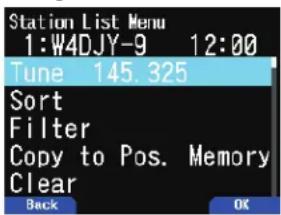 Station List Menu 1:W4DJY-9 12:00 Tune 145.325 Sort Filter Copy to Pos. Memory Clear Back OK
