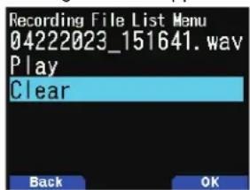 Recording File List Menu 04222023_151641.wav Play Clear Back OK