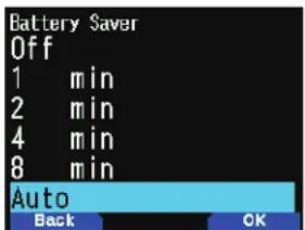 Battery Saver Off 1 min 2 min 4 min 8 min Auto Back OK