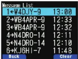 Message List 1←W4DJY-9 13:00 2→WB4APR-9 12:33 3←WB4APR-9 12:32 4→N4DRO-14 12:11 5←N4DRO-14 12:10 6→KJ6HI-7 11:48 Back Clear