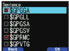 Sentence $GP GGA $GPGLL $GP GSA $GP GSY $GPRMC $GP VTG Back OK