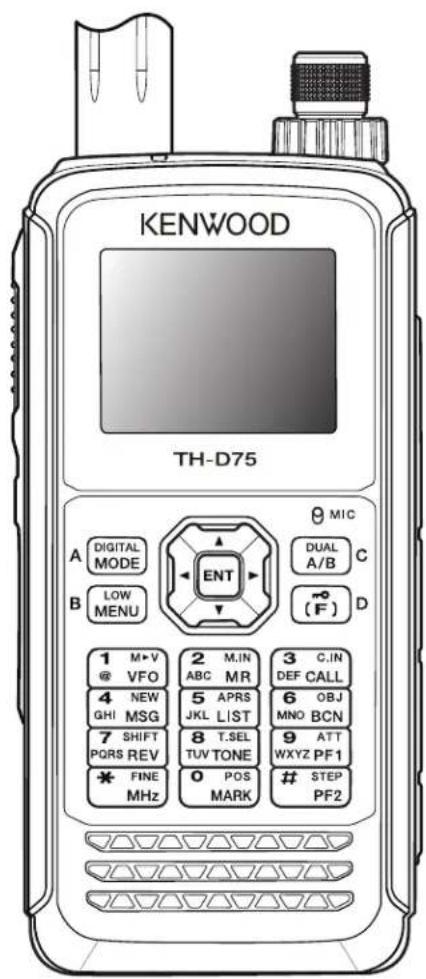 KENWOOD TH-D75 A DIGITAL MODE B LOW MENU 9 MIC DUAL A/B C (F) D 1 M·V @ VFO 2 M.IN ABC MR 3 C.IN DEF CALL 4 NEW GHI MSG 5 APRS JKL LIST 6 OBJ MNO BCN 7 SHIFT PQRS REV 8 T.SEL TUV TONE 9 ATT WXYZ PF1 * FINE MHz 0 POS MARK STEP PF2