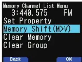Memory Channel List Menu 3:440.575 FM Set Property Memory Shift(M>V) Clear Memory Clear Group Back OK