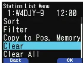Station List Menu 1:W4DJY-9 12:00 Sort Filter Copy to Pos. Memory Clear Clear All Back OK