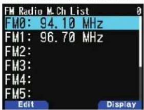 FM Radio M.Ch List FM0: 94.10 MHz FM1: 96.70 MHz FM2: FM3: FM4: FM5: Edit Display