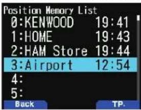 Position Memory List 0:KENWOOD 19:41 1:HOME 19:43 2:HAM Store 19:44 3:Airport 12:54 4: 5: Back TP.