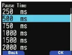 Pause Time 250 ms 500 ms 750 ms 1000 ms 1500 ms 2000 ms Back OK