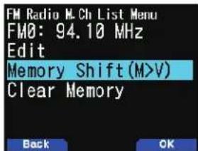 FM Radio M Ch List Menu FM0: 94.10 MHz Edit Memory Shift (M>V) Clear Memory Back OK