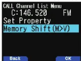 CALL Channel List Menu C:146.520 FM Set Property Memory Shift(M>V) Back OK