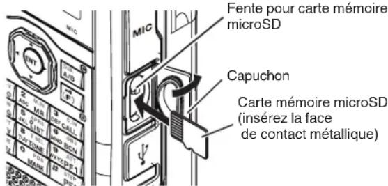 Fente pour carte mémoire microSD Capuchon Carte mémoire microSD (insérez la face de contact métallique)