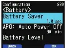 Configuration 920 Battery Saver 1.0 sec APO: Auto Power Off 30 min Battery Level Back OK