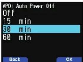 AP0: Auto Power Off Off 15 min 30 min 60 min Back OK