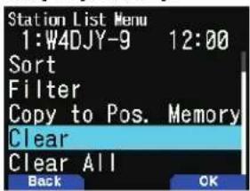 Station List Menu 1:W4DJY-9 12:00 Sort Filter Copy to Pos. Memory Clear Clear All Back OK