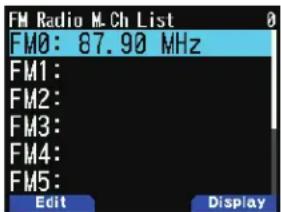 FM Radio M.Ch List FM0: 87.90 MHz FM1: FM2: FM3: FM4: FM5: Edit Display