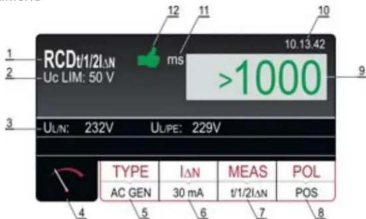 1 2 RCDt/1/2lΔN Uc LIM: 50 V ms >1000 3 ULN: 232V ULPE: 229V TYPE IΔN MEAS POL AC GEN 30 mA t/1/2lΔN POS 4 5 6 7 8