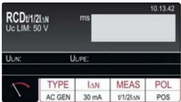 RCDt/1/2lΔN Uc LIM: 50 V ms 10.13.42 ULN: ULPE: TYPE IΔN MEAS POL AC GEN 30 mA t/1/2lΔN POS