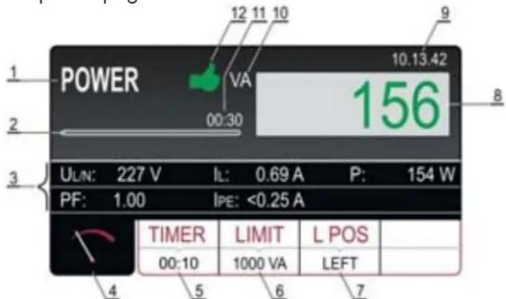 1 POWER 2 00:30 VA 10.13.42 3 ULN: 227 V IL: 0.69 A P: 154 W PF: 1.00 IPE: <0.25 A 4 TIMER LIMIT L POS 00:10 1000 VA LEFT 5 6 7