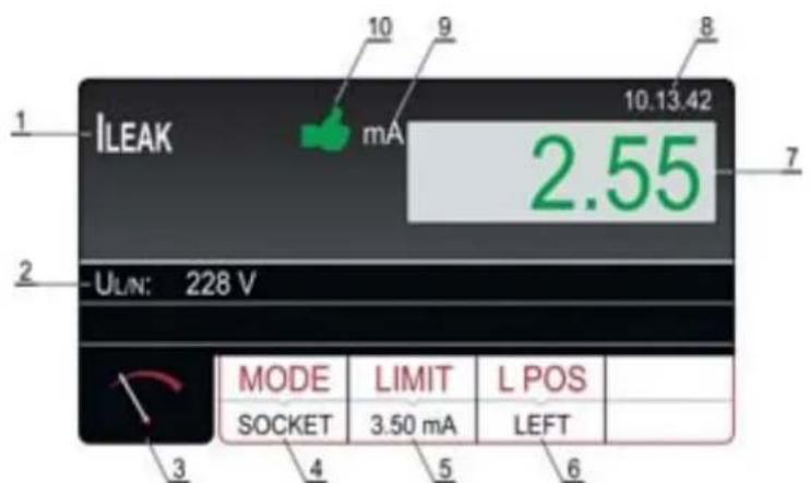 1 ILEAK 10 9 8 10.13.42 2.55 7 2 UL/N: 228 V MODE LIMIT L POS SOCKET 3.50 mA LEFT 3 4 5 6