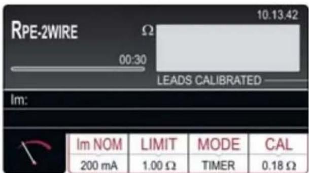 RPE-2WIRE Ω 10.13.42 00:30 LEADS CALIBRATED Im: Im NOM LIMIT MODE CAL 200 mA 1.00 Ω TIMER 0.18 Ω