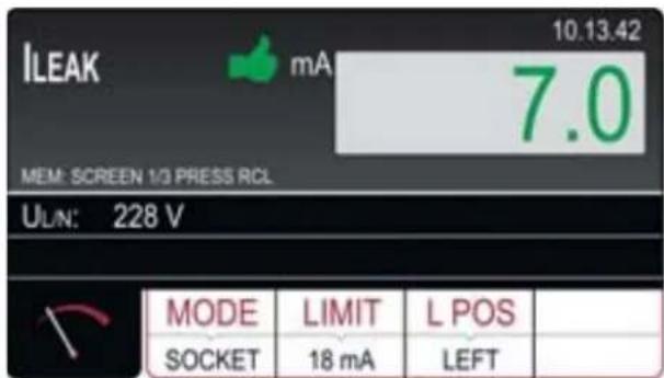 ILEAK 10.13.42 mA 7.0 MEM: SCREEN 1/3 PRESS RCL ULN: 228 V MODE LIMIT L POS SOCKET 18 mA LEFT