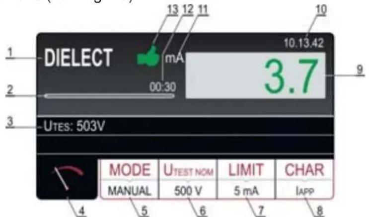 1 DIELECT 13 12 11 10.13.42 1 mA 3.7 2 00:30 9 3 UTES: 503V MODE UTEST NOM LIMIT CHAR MANUAL 500 V 5 mA IAPP 4 5 6 7 8