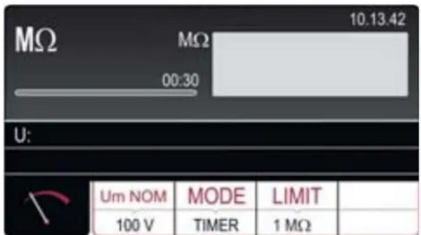 MΩ 10.13.42 MΩ 00:30 U: Um NOM MODE LIMIT 100 V TIMER 1 MΩ
