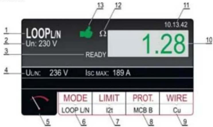 1 2 3 4 LOOPL/N Un: 230 V 13 12 11 10.13.42 Ω 1.28 READY ULN: 236 V ISC MAX: 189 A MODE LIMIT PROT WIRE LOOP L/N I2t MCB B Cu 5 6 7 8 9