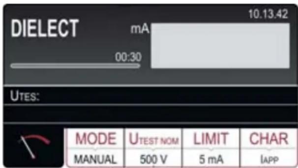 DIELECT mA 10.13.42 00:30 UTES: MODE UTEST NOM LIMIT CHAR MANUAL 500 V 5 mA IAPP