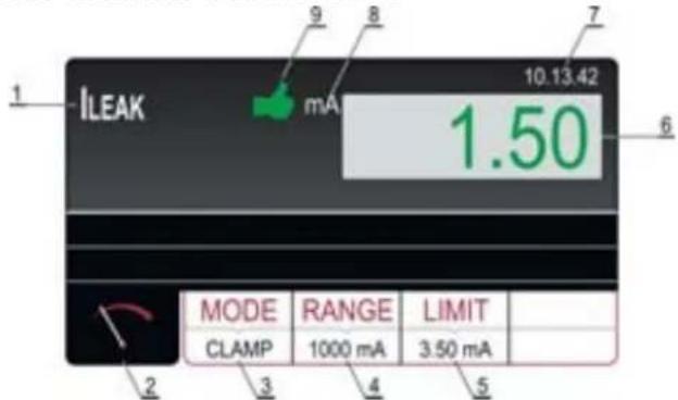 1 ILEAK 9 8 7 10.13.42 1.50 6 MODE RANGE LIMIT CLAMP 1000 mA 3.50 mA 2 3 4 5
