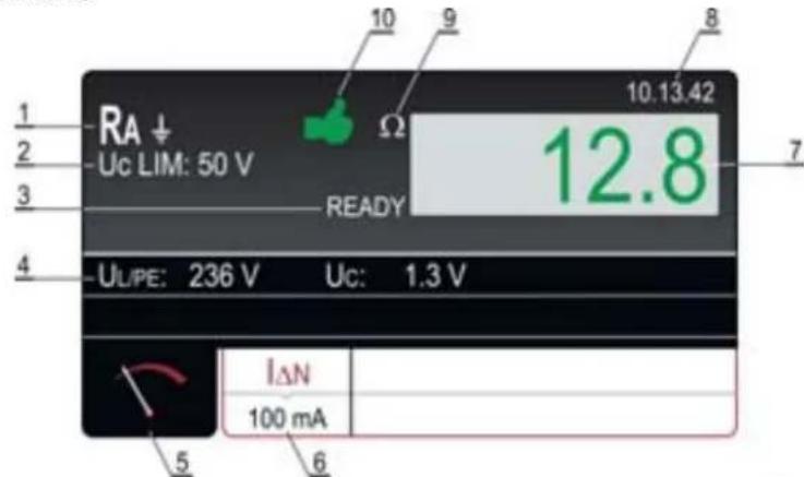 1 RA ↓ Uc LIM: 50 V 10.13.42 Ω 12.8 7 READY 4 UL/PE: 236 V Uc: 1.3 V IΔN 100 mA 5 6