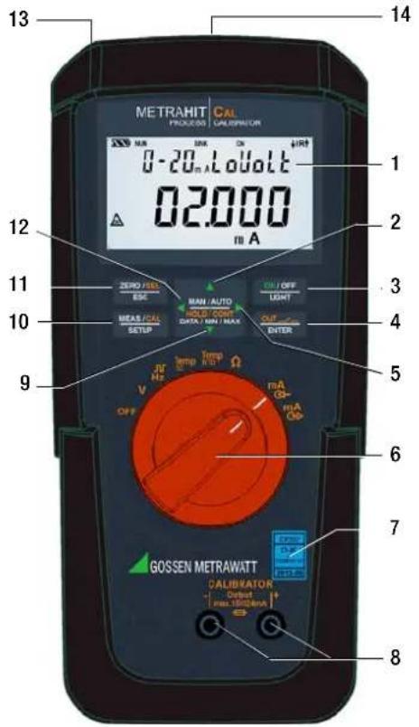 METRAHIT CAL PROCESS CALIBRATOR 0-20mA Lowolt 02.000 mA 13 14 12 2 11 ZERO / MAX ESC MAX / AUTO HOLD COM DATA / MIN / MAX ON / OFF LIGHT OUT ENTER 9 JUT Temp V Ω V OFF Temp R V mA Ω- mA Ω- 6 7 GOSSEN METRAWATT CALIBRATOR Output Max.100MHz + 8