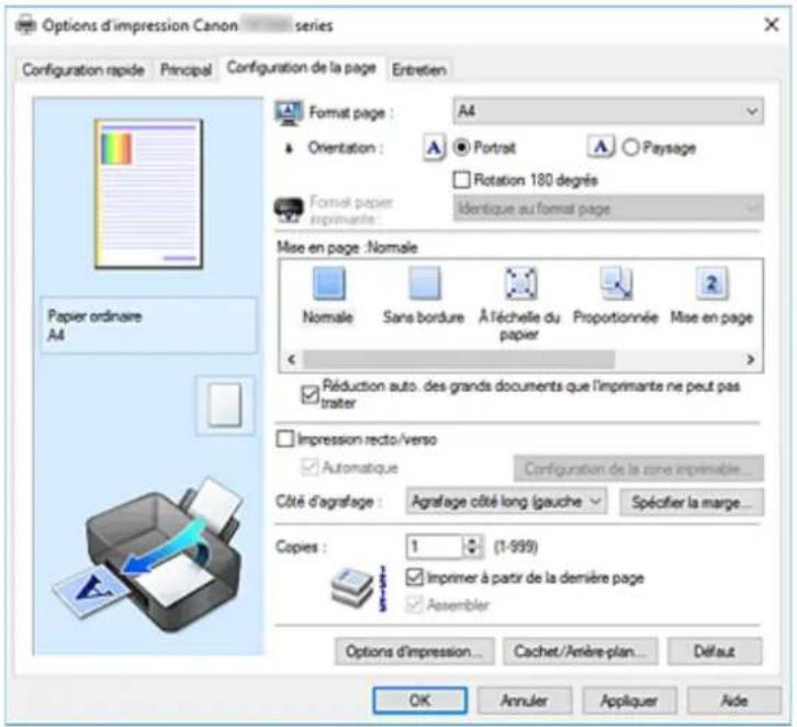CANON PIXMA TR7650 - Description de l'onglet Configuration de la page - 1