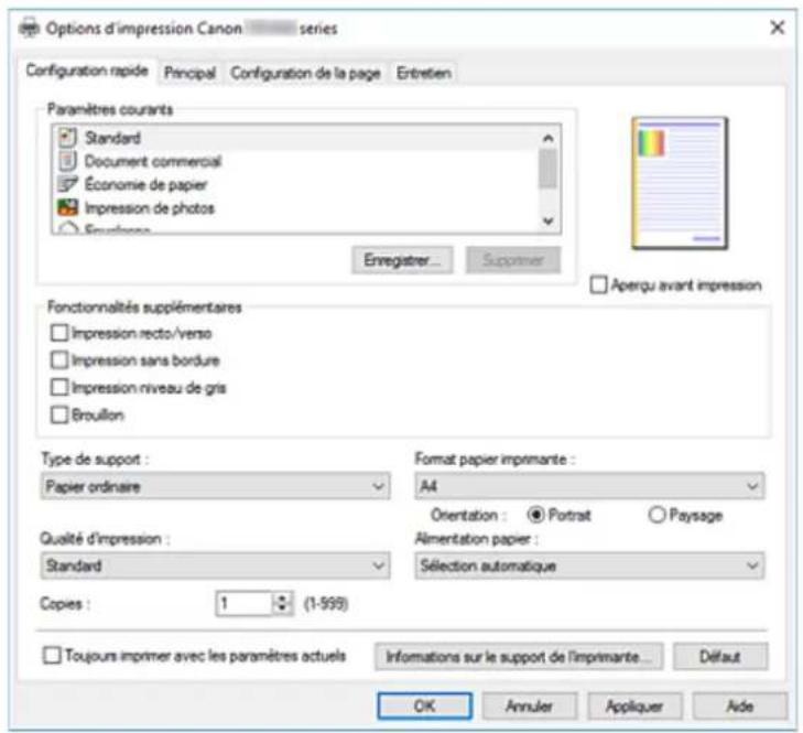 CANON PIXMA TR7650 - Description de l'onglet Configuration rapide - 1