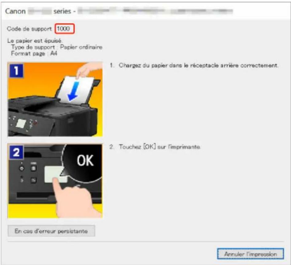 CANON PIXMA TR7650 - Lorsqu'un code de support et un message s'affichent sur l'écran de l'ordinateur (Windows) : - 1